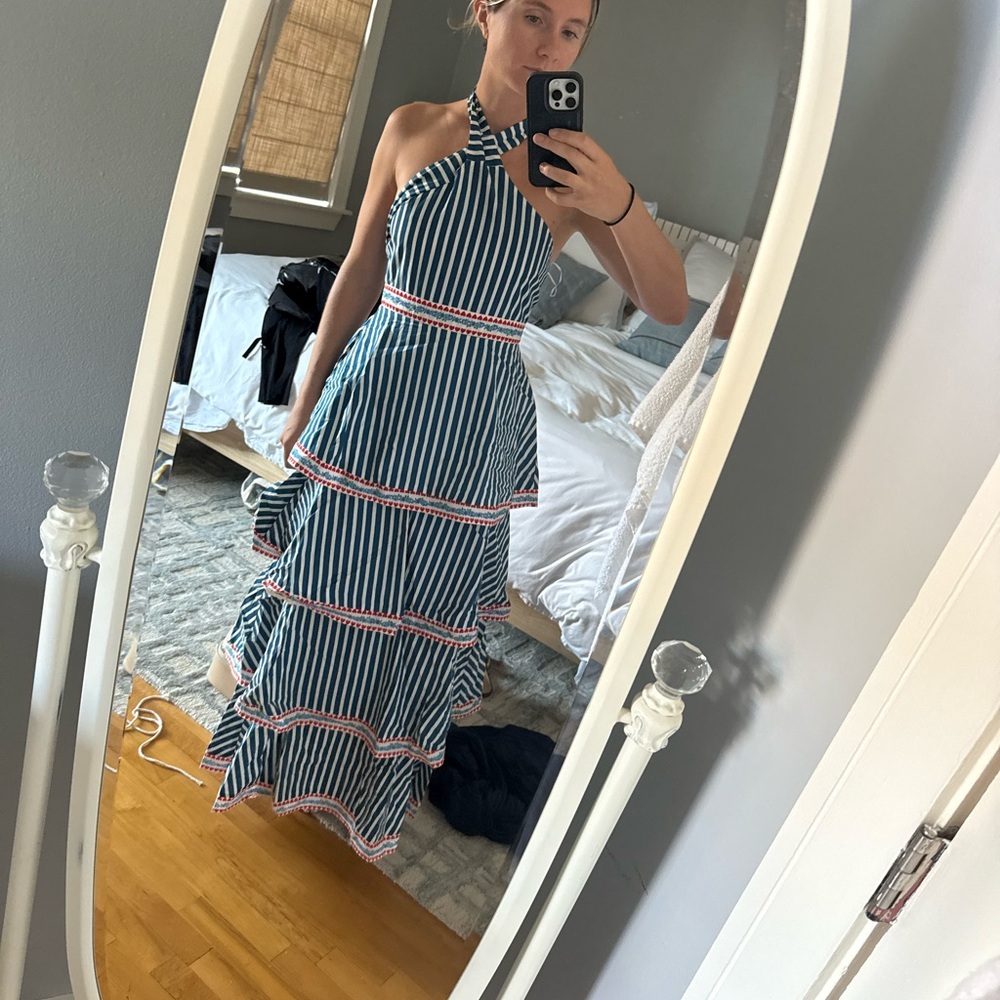 Elegant Halter Striped Maxi Dress - Teal and White